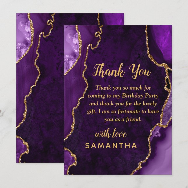 Carte De Remerciements Purple and Gold Agate Birthday Party (Devant / Derrière)