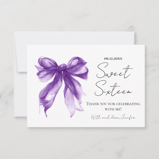Carte De Remerciements Purple Bow Coquette Script Sweet 16 Thank You  (Devant)