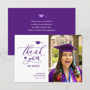 Carte De Remerciements Purple Élégant Script Photo Minimaliste Graduation