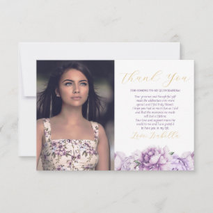 Carte De Remerciements Purple & Gold Elegant Floral Photo Quinceañera
