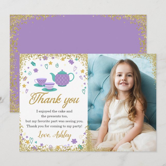 Carte De Remerciements Purple Gold Parties scintillant Tea Party Filles A (Devant / Derrière)