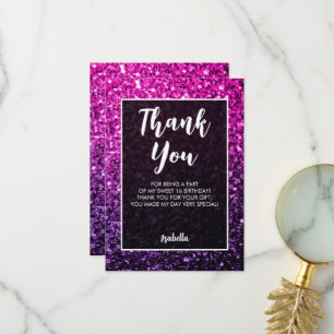 Carte De Remerciements Purple pink ombre scintille Sweet 16 élégant scrip