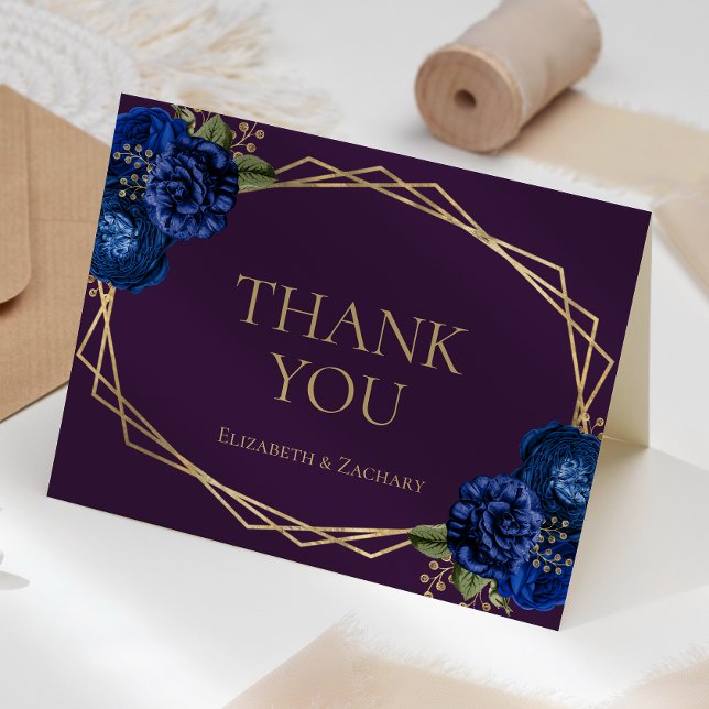 Carte De Remerciements Purple Royal Blue Floral Gold Mariage (Créateur téléchargé)