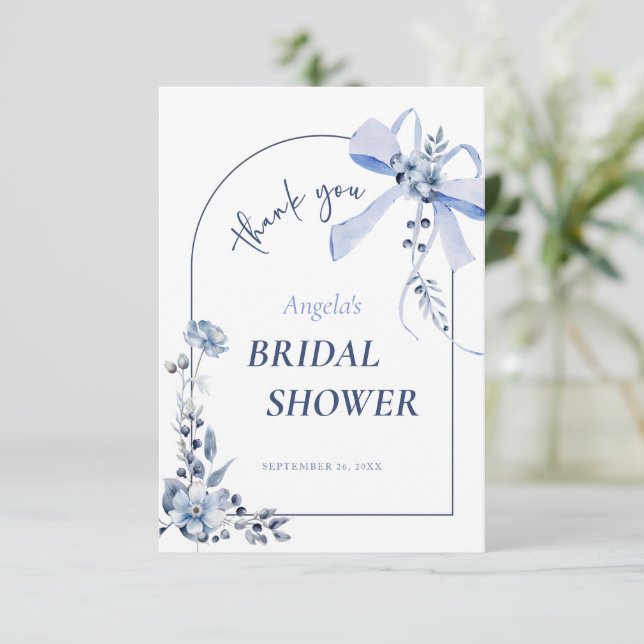 Carte De Remerciements Quelque Chose de Bleu Fleurs Ruban Mariage Shower (Debout devant)