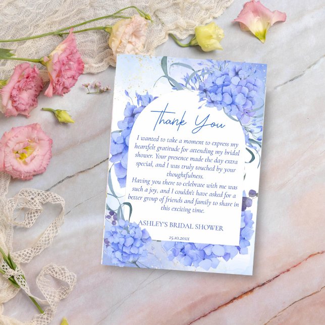 Carte De Remerciements Quelque chose d'élégant en hortensias bleus pour u (Blue hydrangeas something blue bridal shower thank you cards elegant dusty blue blooms floral card)