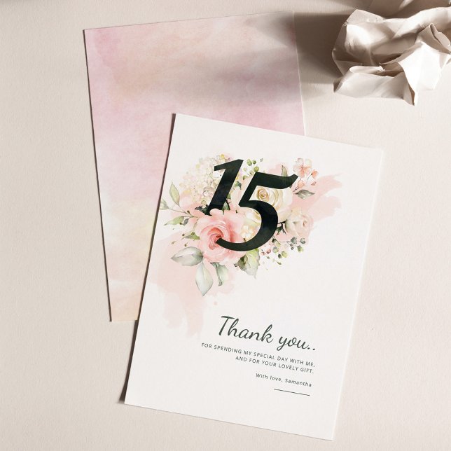 Carte De Remerciements Quinceanera 15e anniversaire rose floral (Floral Quinceanera 15th Birthday Party Thank You Card)