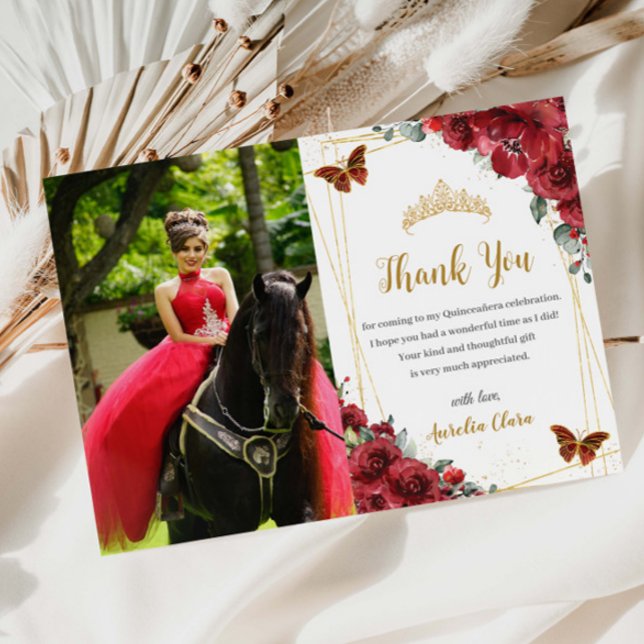 Carte De Remerciements Quinceañera Anniversaire Fleurs Rouges Papillons P (red-flowers-floral-butterflies-gold-quinceanera-15-sweet-16th-birthday-photograph-picture-thank-you)