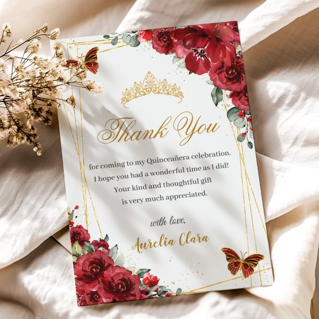 Carte De Remerciements Quinceañera Anniversaire Rouge Floral Papillons d' (Créateur téléchargé)