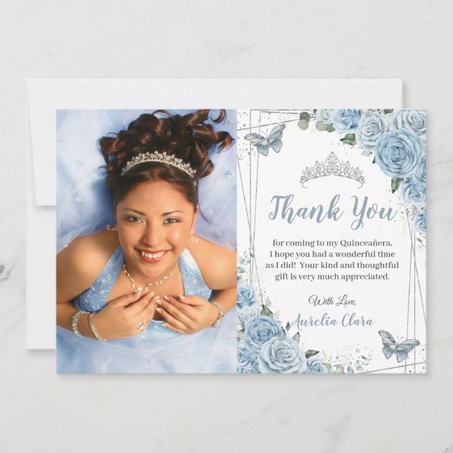 Carte De Remerciements Quinceañera Bleu Bleu papillon floral Photo 16e (Devant)