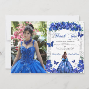 Carte De Remerciements Quinceañera Blue Floral Princess Butterflies Photo