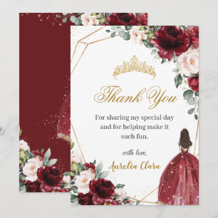 Carte De Remerciements Quinceañera Burgundy Blush Floral Gold Princess 