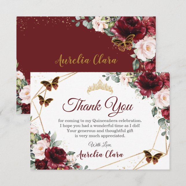 Carte De Remerciements Quinceañera Burgundy Blush Floral Papillons (Devant / Derrière)