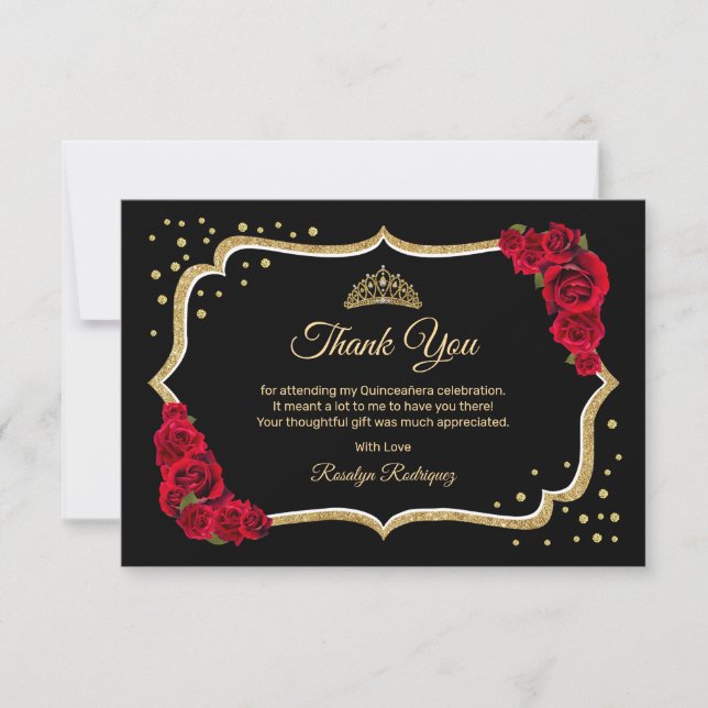 Carte De Remerciements Quinceanera d'or rouge noir (Devant)
