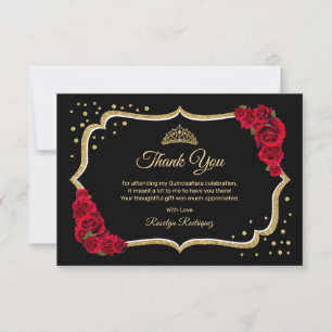 Carte De Remerciements Quinceanera d'or rouge noir