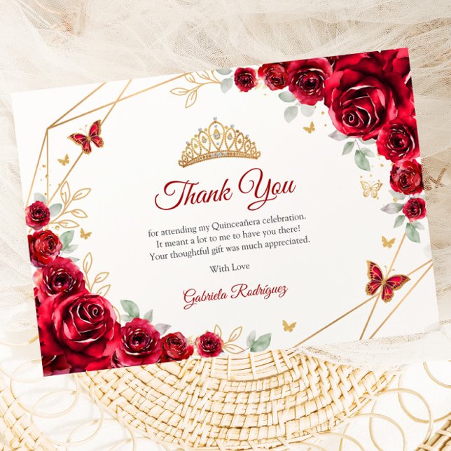 Carte De Remerciements Quinceanera Floral Or Rouge (Créateur téléchargé)