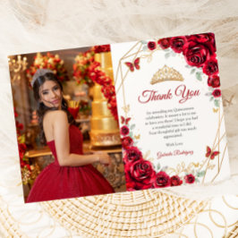 Carte De Remerciements Quinceanera Florale d'or rouge