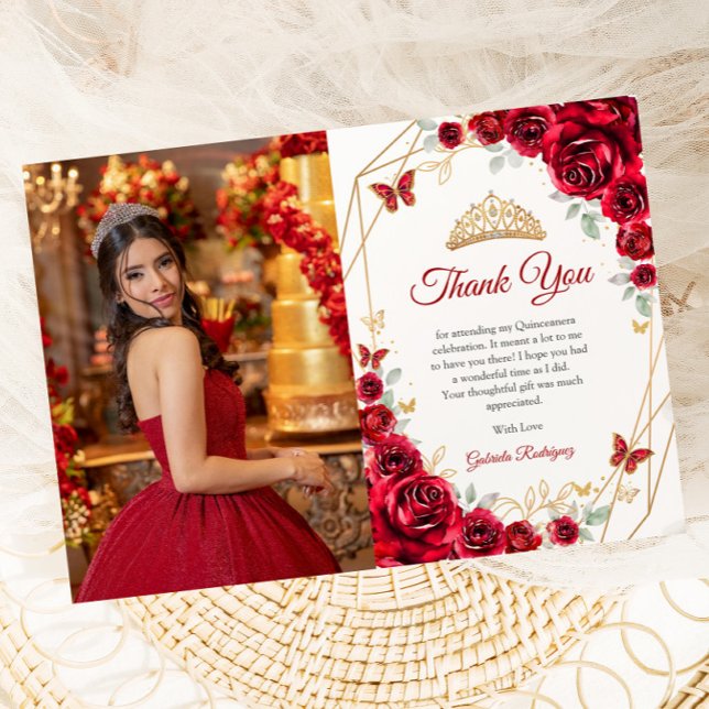 Carte De Remerciements Quinceanera Florale d'or rouge (Créateur téléchargé)