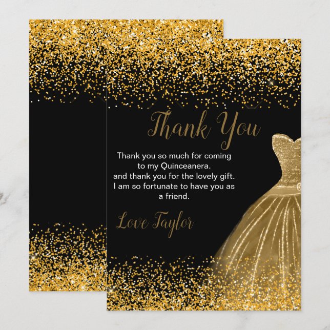 Carte De Remerciements Quinceanera Gold Dress Faux Glitter (Devant / Derrière)