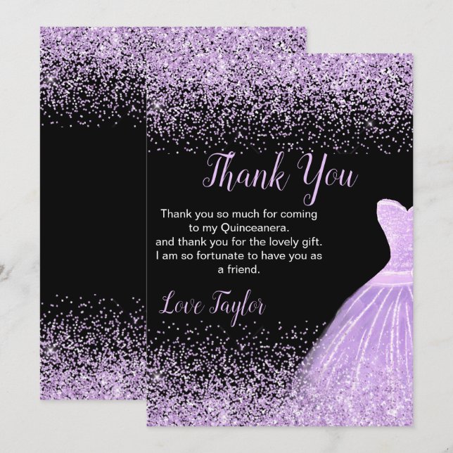 Carte De Remerciements Quinceanera Light Purple Dress Faux Glitter (Devant / Derrière)
