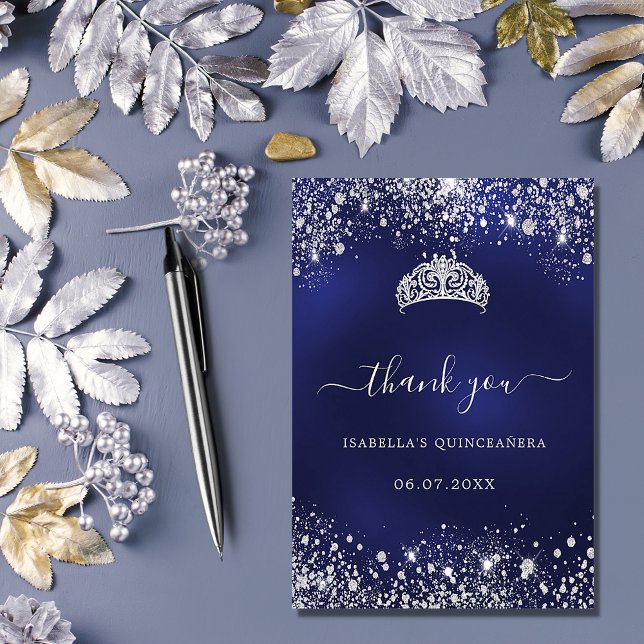 Carte De Remerciements Quinceanera marine bleu argent parties scintillant (Créateur téléchargé)