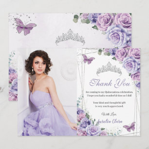 Carte De Remerciements Quinceañera Papillons floraux pourpres 16 Annivers