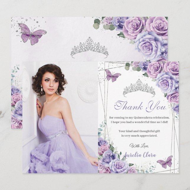 Carte De Remerciements Quinceañera Papillons floraux pourpres 16 Annivers (Devant / Derrière)