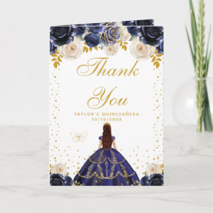 Carte De Remerciements Quinceañera princesse florale bleu marine
