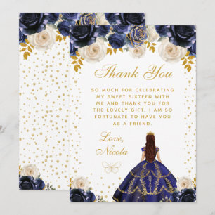 Carte De Remerciements Quinceañera princesse florale bleu marine
