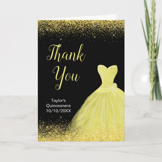 Carte De Remerciements Quinceanera Robe Jaune Lumineuse Robe Faux Parties (Devant)