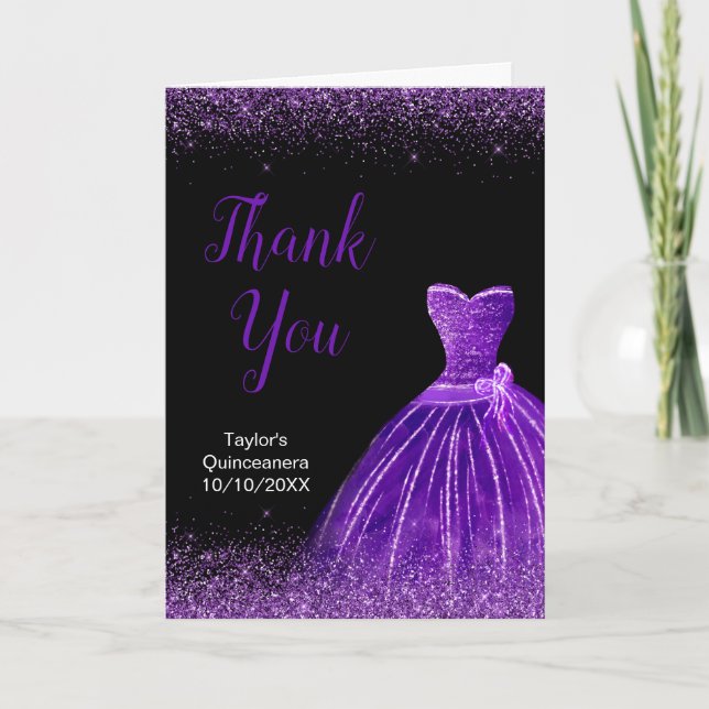 Carte De Remerciements Quinceanera Robe Violet foncé Robe Faux Parties sc (Devant)