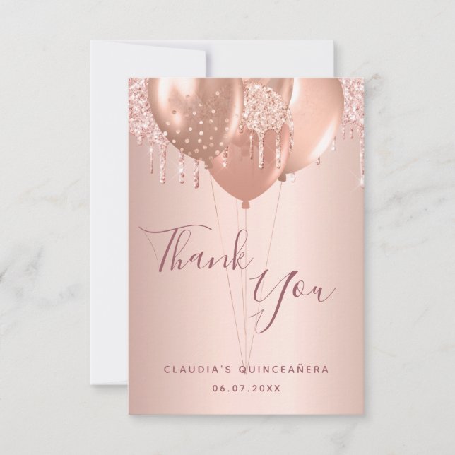 Carte De Remerciements Quinceanera rose or gouttes ballons (Devant)