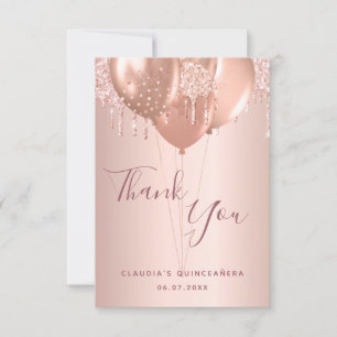 Carte De Remerciements Quinceanera rose or gouttes ballons