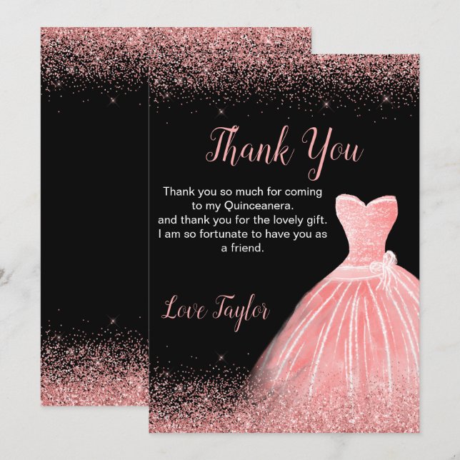 Carte De Remerciements Quinceanera Rose Pink Dress Faux Glitter (Devant / Derrière)