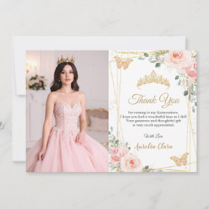 Carte De Remerciements Quinceañera rose poudré floral papillons photo