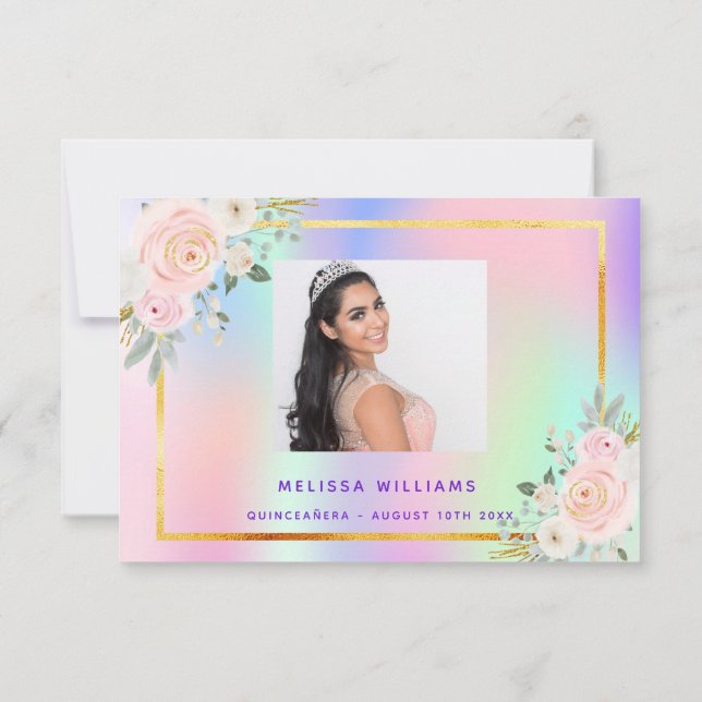 Carte De Remerciements Quinceanera rose violet photo arc-en-ciel floral (Dos)