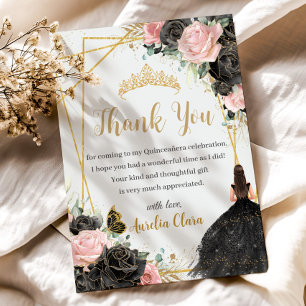Carte De Remerciements Quinceañera Rosée Noire Florale Rosée Robe fille P