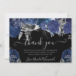 Carte De Remerciements Quinceanera Roses Argent et Navy Aquarelle
