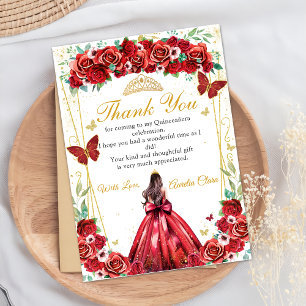 Carte De Remerciements Quinceañera Roses rouges Floral Princess Papillons
