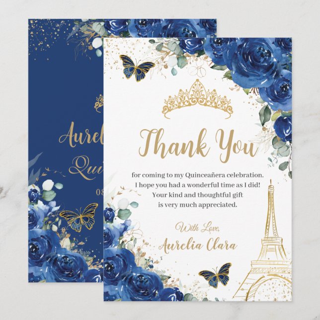 Carte De Remerciements Quinceañera Royal Blue Floral Eiffel 16e anniversa (Devant / Derrière)
