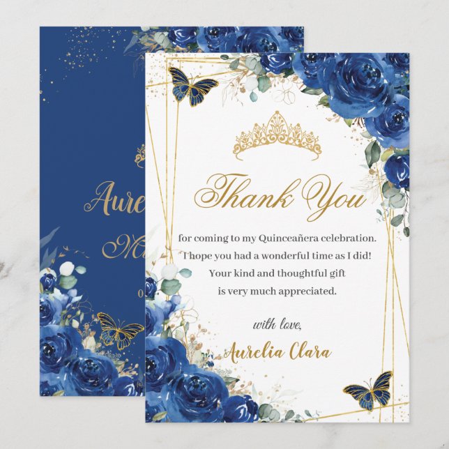Carte De Remerciements Quinceañera Royal Blue Floral Gold Butterflies (Devant / Derrière)