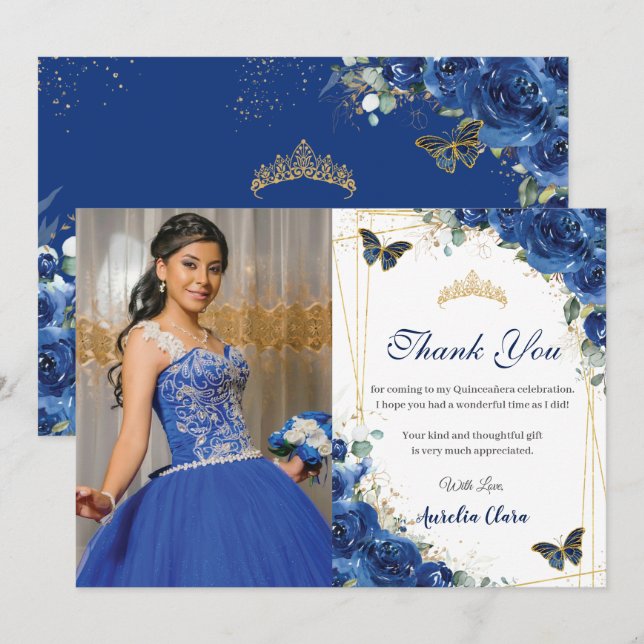 Carte De Remerciements Quinceañera Royal Blue Floral Papillons Anniversai (Devant / Derrière)