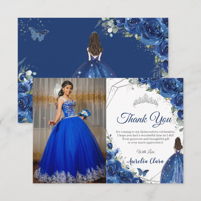 Carte De Remerciements Quinceañera Royal Blue Floral Princess Photo (Devant / Derrière)
