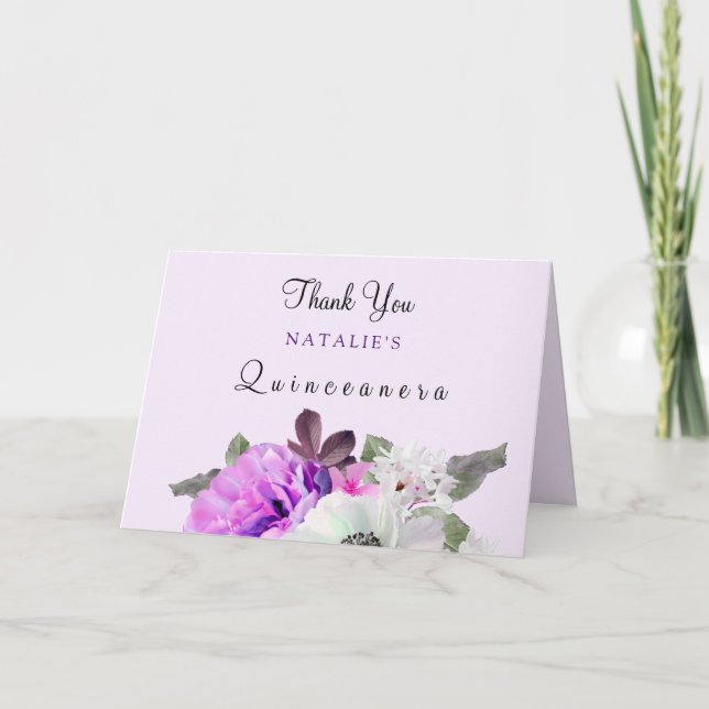 Carte De Remerciements Quinceanera vintage à fleurs violettes (Devant)