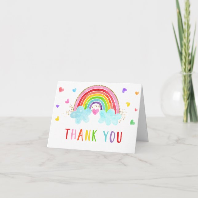 Carte De Remerciements Rainbow Cloud Hearts Or rose Anniversaire (Devant)