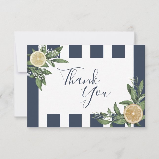 Carte De Remerciements Rayure Bleue de Marine Aquarelle Citron Citrus (Devant)
