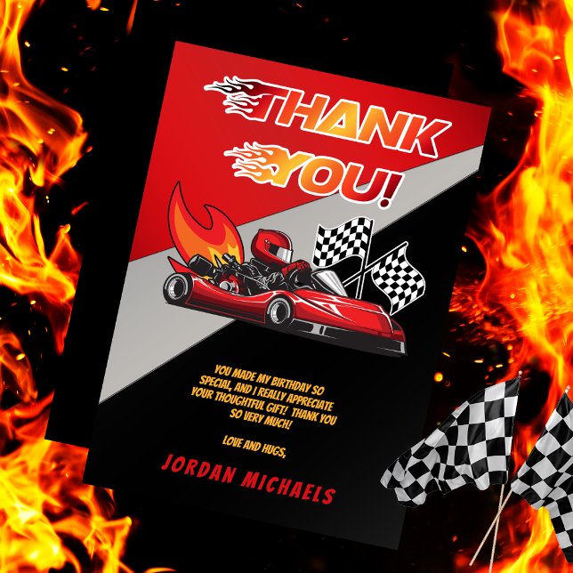 Carte De Remerciements Red | Black Go Kart Racing Anniversaire (Red and Black Go Kart Racing Kid's Birthday Party Thank You Card)