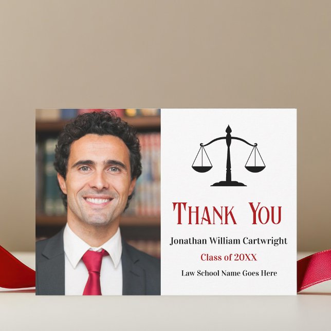 Carte De Remerciements Red Black Lawyer Photo Scales de justice (Créateur téléchargé)