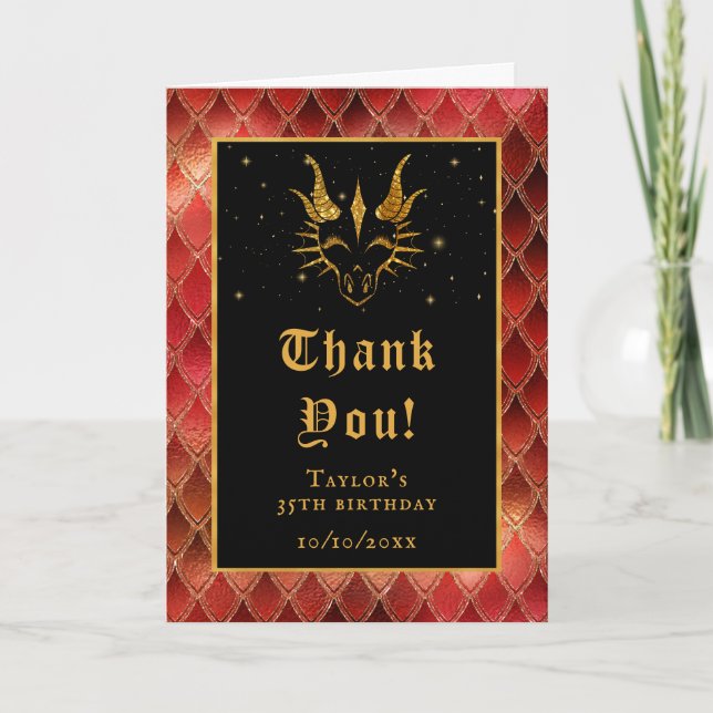 Carte De Remerciements Red Dragon Scales Gold Faux Parties scintillant An (Devant)
