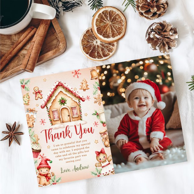 Carte De Remerciements Red Gingerbread House Birthday Party Photo (Créateur téléchargé)