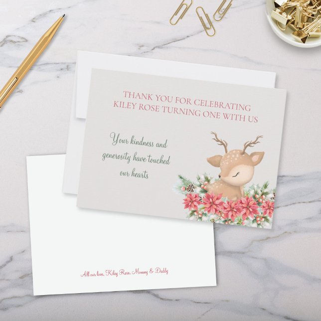 Carte De Remerciements Red Green Noël Poinsettia Cerf fête d'anniversaire (Festive red and green christmas themed little deer birthday party for kids thank you cards)